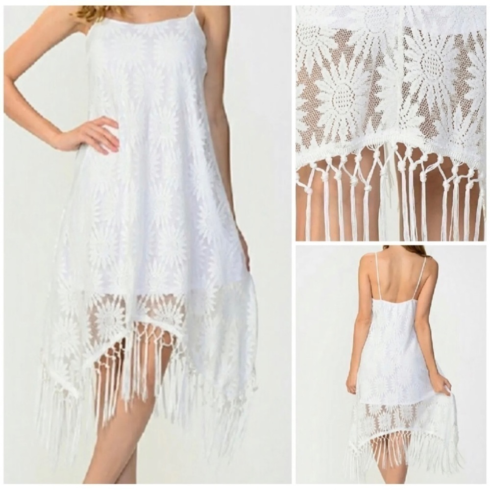 Moon Sz S White Floral Lace Asymmetrical Fringed Slip Dress Cover Up NWT NEW